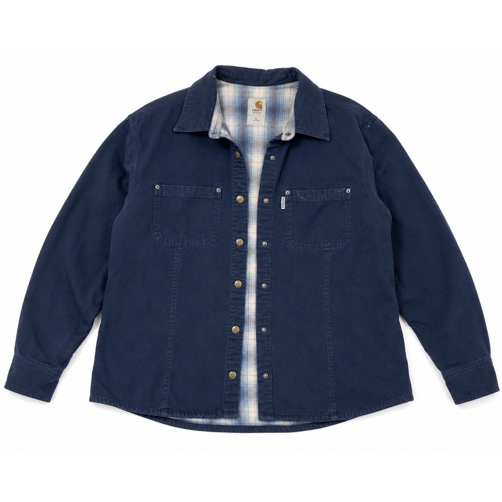 Carhartt Women XL Navy Chore Jacket Plaid Lined Cotton Work Shirt Coat